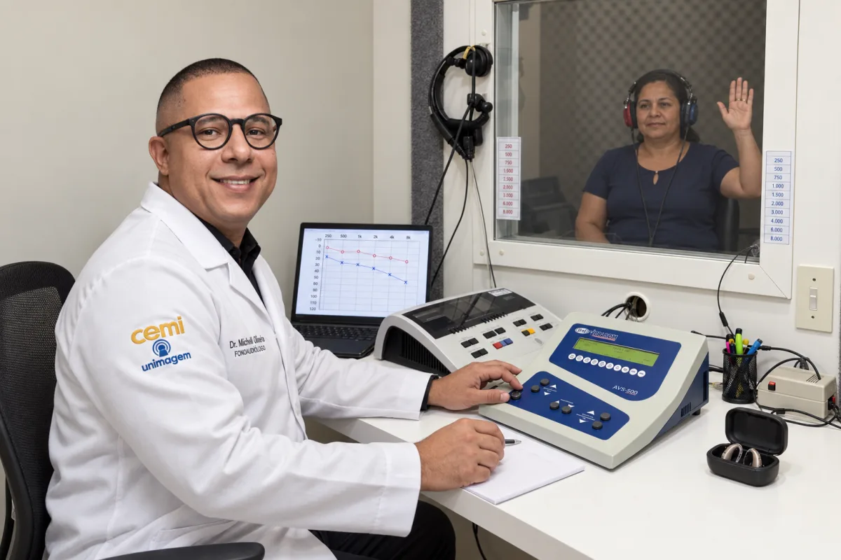 Dr. Michell Oliveira conduzindo exame de audiometria na CEMI