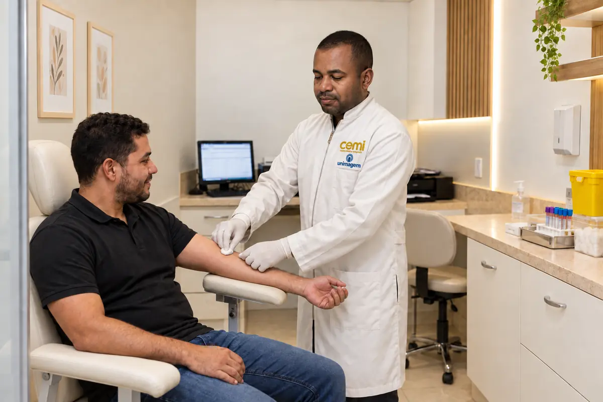 Dr. Felipe Lima realizando coleta para exames laboratoriais na CEMI