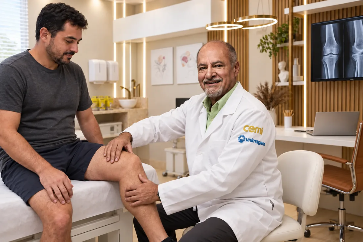 Dr. Mister Brando, ortopedista, avaliando o joelho de um paciente na CEMI