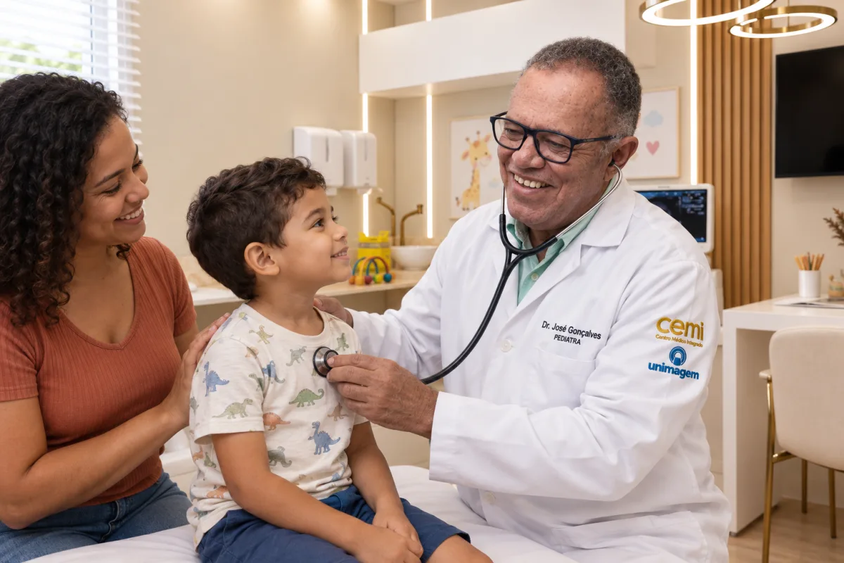 Dr. José Gonçalves atendendo uma criança acompanhada pela mãe