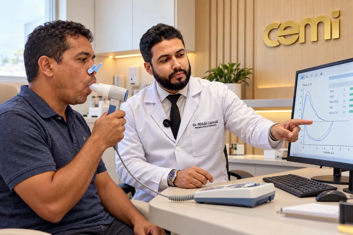 Dr. Péricles Lacerda acompanhando um exame de espirometria na CEMI