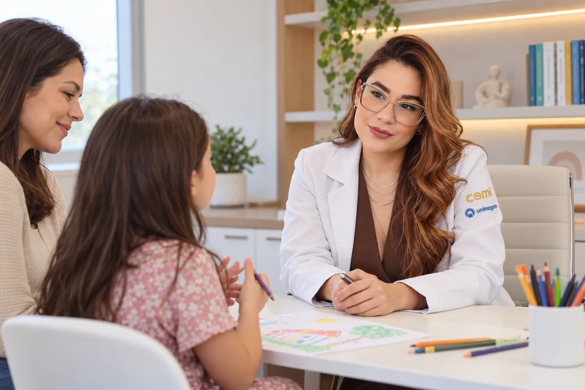 Dra. Beatriz Medauar em consulta de psiquiatria infantil com uma criança e a mãe