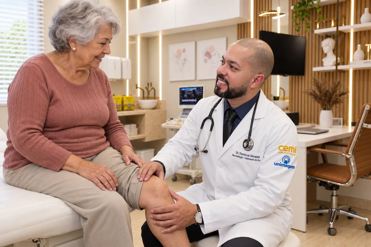 Dr. Dermival Almeida avaliando o joelho de uma paciente em consultório da CEMI