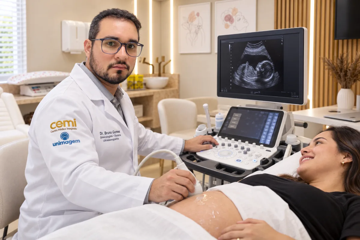 Dr. Bruno Gomes realizando ultrassonografia obstétrica em uma gestante